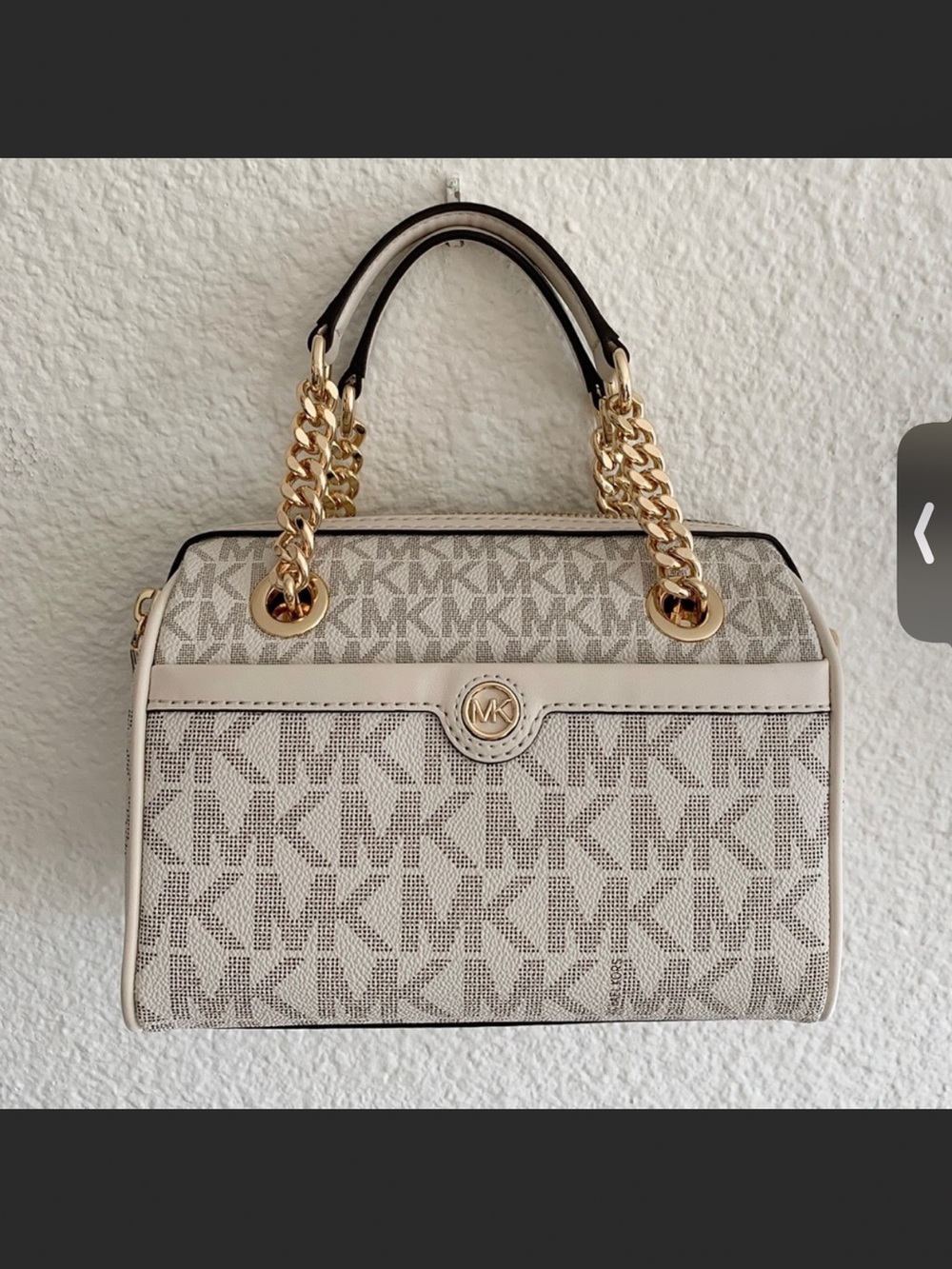 Michael Kors Cream and Beige Logo Satchel with Gold Chain Handles